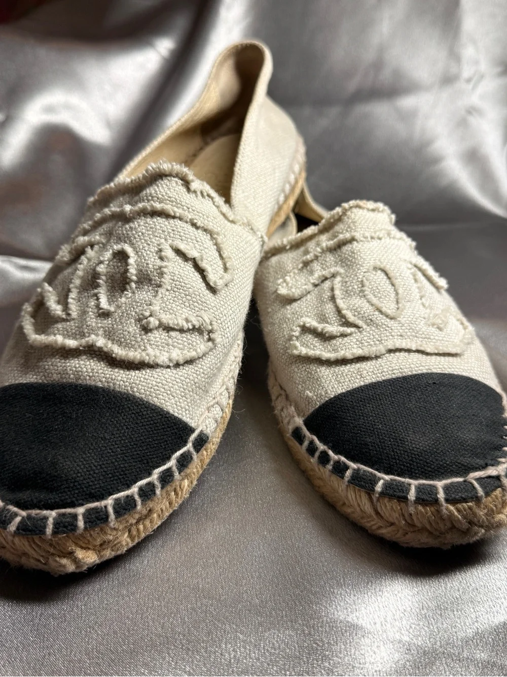 CHANEL Interlocking CC Logo Canvas Espadrilles Women's Size 39 US 8 Quiet Luxury